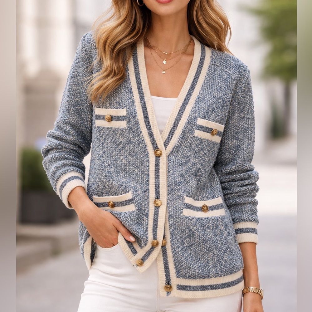 Maje Blue and Cream Cardigan Sweater for women